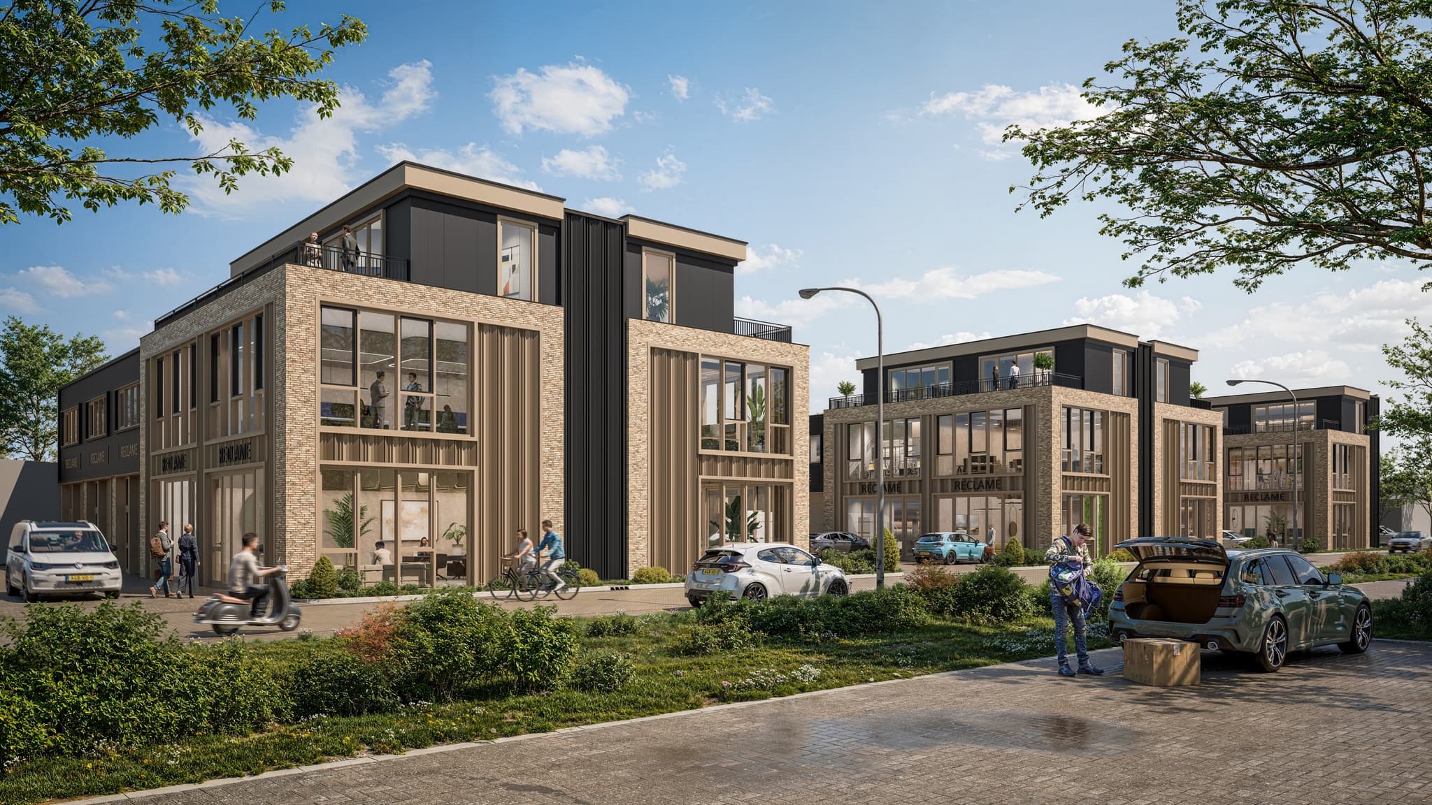 Render van de bedrijfsunits vanaf de straat